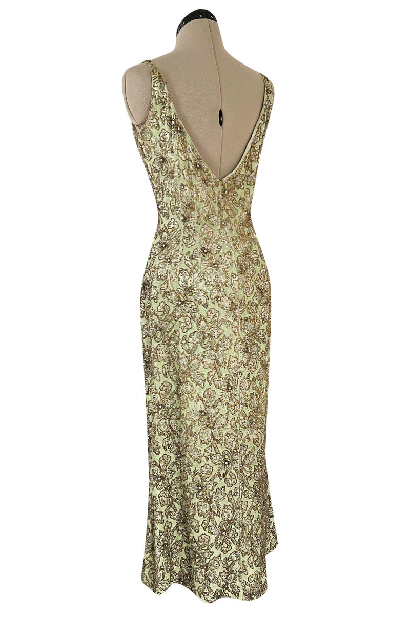 Incredible 1950s Mignon Densely & Heavily Beaded Green Silk Brocade Hourglass Dress
