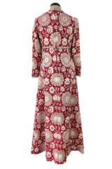 Stunning 1970s Adele Simpson Red & Gold Brocade Dress w Rhinestone Detailing