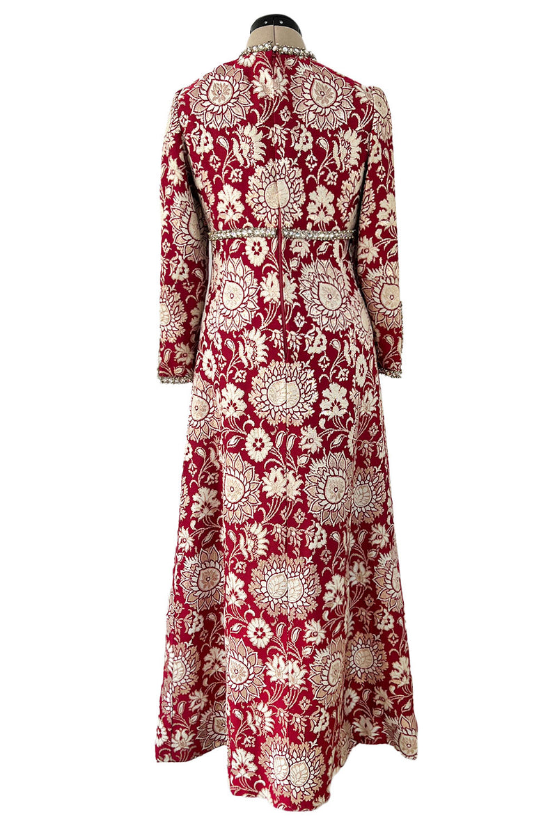 Stunning 1970s Adele Simpson Red & Gold Brocade Dress w Rhinestone Detailing