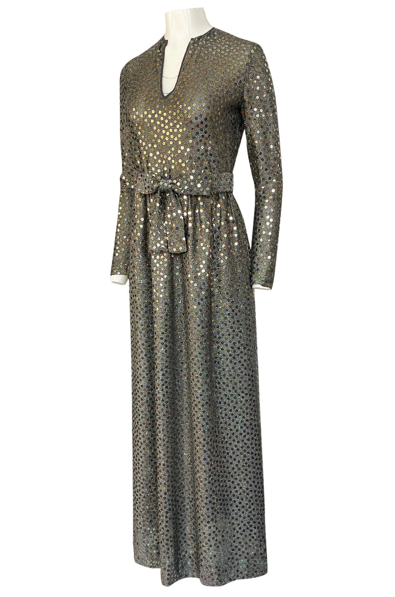 1970s Mollie Parnis Silver Sequin & Knit Lame Jersey Dress w Belt