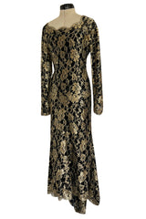 Exceptional Fall 1986 Chanel by Karl Lagerfeld Runway Metallic Gold Thread on Black Silk Net Dress
