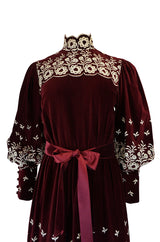 1960s Bill Tice Rich Garnet Velvet & Embroidered Floral Dress