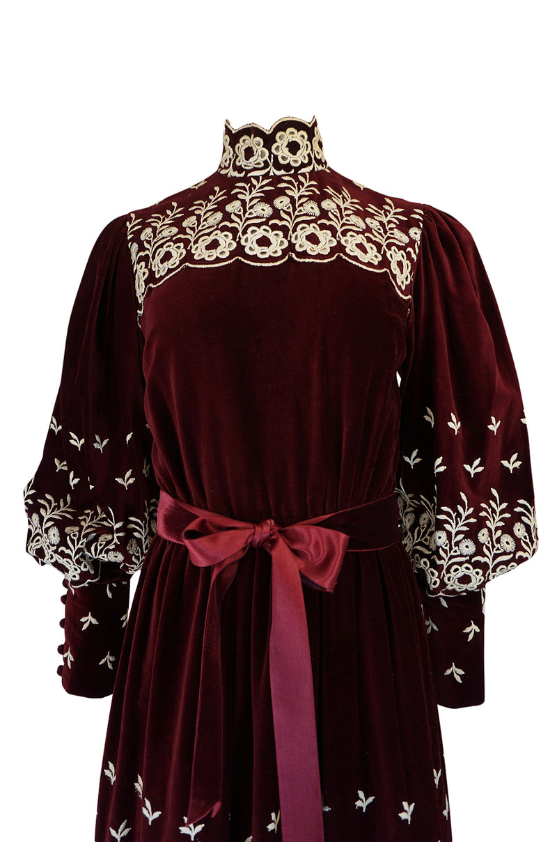 1960s Bill Tice Rich Garnet Velvet & Embroidered Floral Dress
