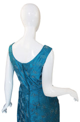 1950s Fully Beaded Brillant Turquoise Gown