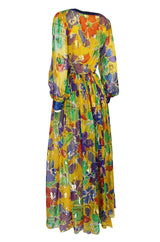 1970s Givenchy Silk Chiffon Floral & Metallic Heart Print Dress
