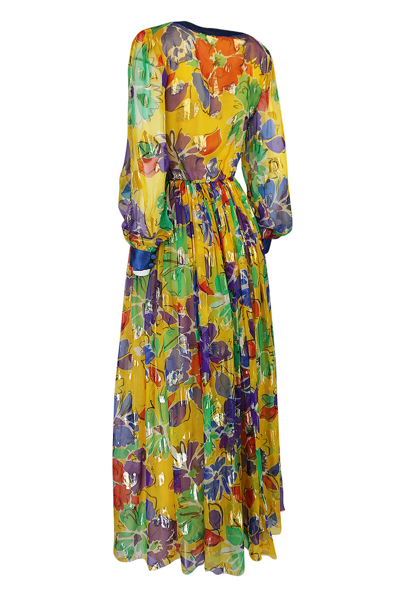 1970s Givenchy Silk Chiffon Floral & Metallic Heart Print Dress