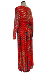1970s Malcolm Starr by Youssef Rizkallah Sequinned Metallic Gold Lurex & Printed Red Silk Maxi Dress