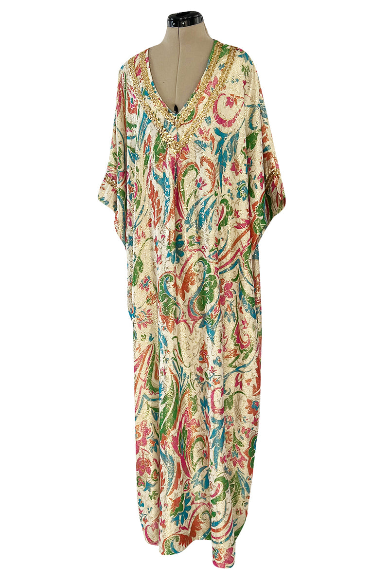Gorgeous 1960s Lucie Ann Beverly Hills Gold Thread Lame Caftan w Sequin Detailing