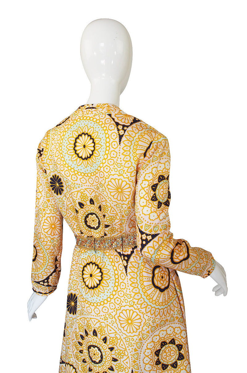 1960s Yellow Print Dressing Robe w Beaded Belt