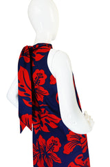 1960s Red & Blue Cotton Hawaiian Maxi Dress