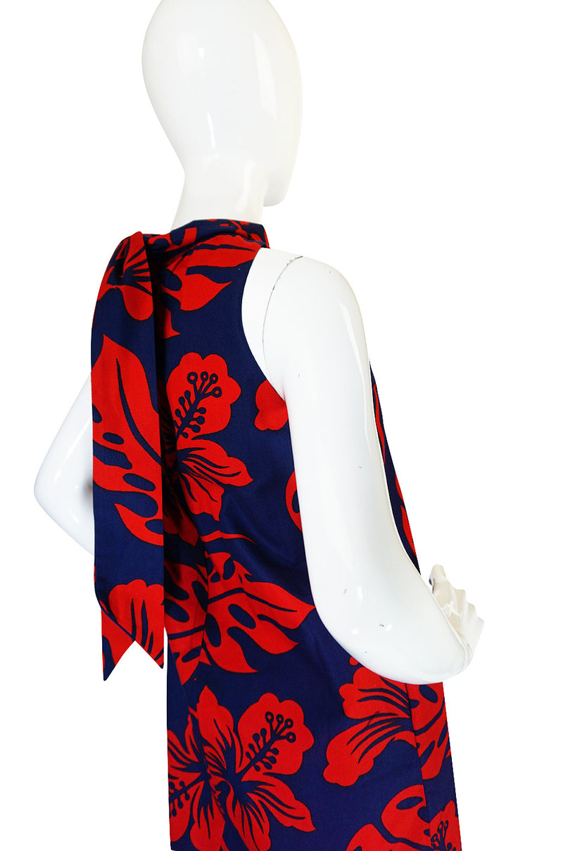 1960s Red & Blue Cotton Hawaiian Maxi Dress