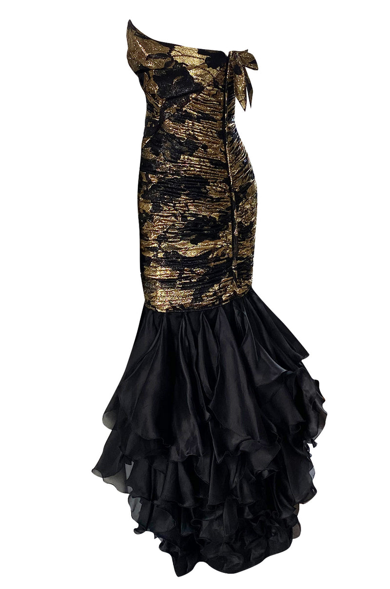 Fall 1988 Emanual Ungaro Strapelss Gold Metallic Black & Gold Ruffled Hem Dress