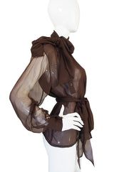 1970s Yves Saint Laurent Chocolate Silk Chiffon Top