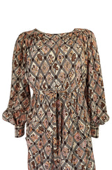 Prettiest 1970s Emanuel Ungaro Haute Couture Full Sleeved Floral & Lattice Printed Silk Dress