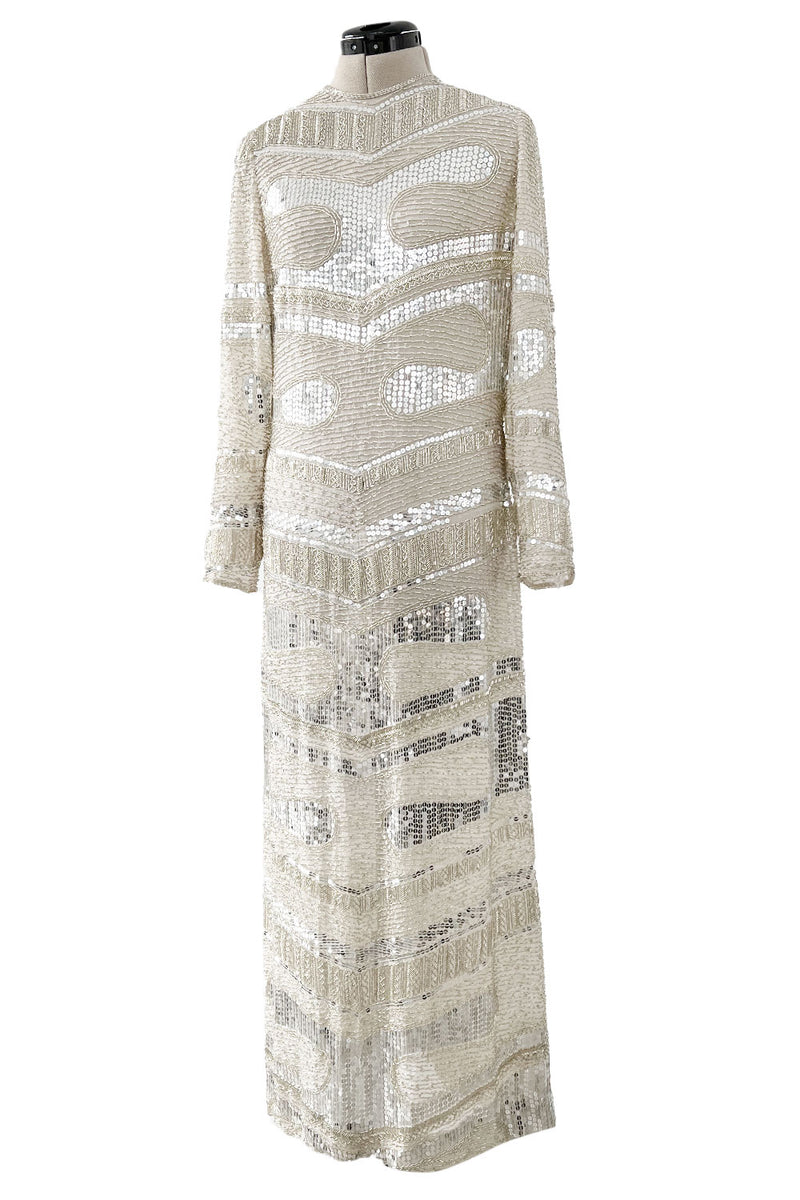 Iconic Spring 1981 Halston Fully Hand Beaded & Sequinned Silver & Ivory Silk Chiffon Dress