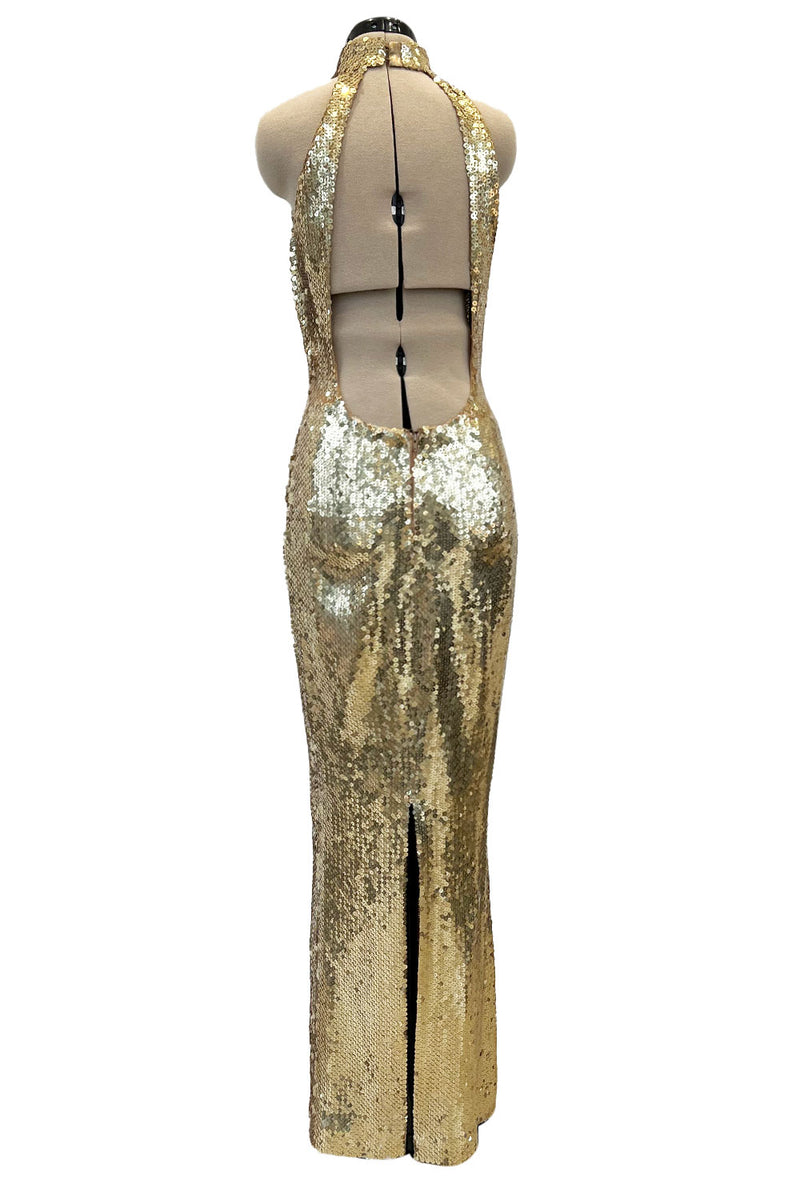 Rare Spring 1973 Loris Azzaro Ad Campaign Documented Gold Metallic Sequin Backless Halter Dress