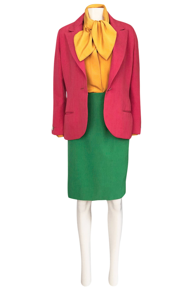 Colorful 1980s Bill Blass Three-Piece Suit in Salmon Pink, Green & Yellow