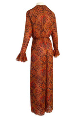 Late 1970s James Galanos Printed Rust & Coral Silk Chiffon Jumpsuit w Extra Wide Slit Pant Legs