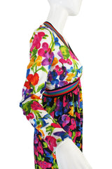 1960s Multi Color Goldworm Plunge Maxi Dress