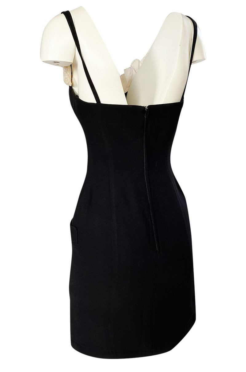 Runway Spring 1997 Thierry Mugler Fitted Black Dress w Extravagant Ruffled Silk Bodice