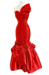 Dramatic 1987 Loris Azzaro Brilliant Red Strapless 'Flame' Dress w Flaring Skirts & Shoulder