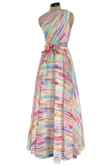 Spectacular 1970s Oscar de la Renta One Shoulder Lightweight Chiffon Rainbow Stripe Dress