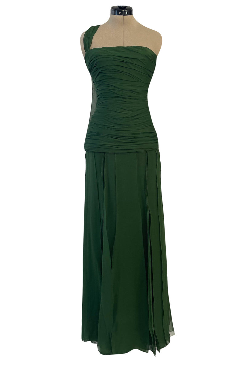 Spectacular Late 1970s Galanos Moss Green Silk Chiffon Car Wash Hem Dress w Draped Shoulder Panel