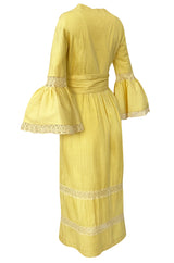 1960s Yellow Mexican Pin Tuck Dress w Extraordinary Bell Sleeve Detail