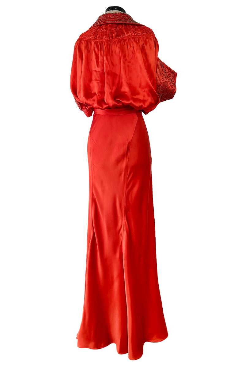 Gorgeous 1930s Coral Red Bias Cut Dress w Back Cut Outs & Matching Beaded Jacket
