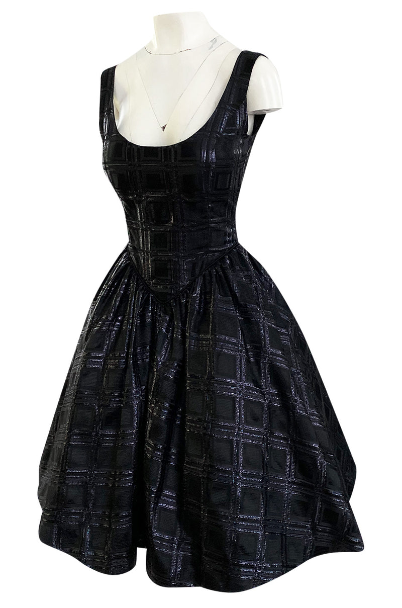 Early 1980s Nina Ricci Black Silk Metallic Lame Full Skirted Low Back Dress