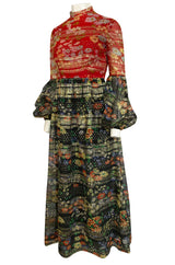 1960s Mollie Parnis Metallic Gold, Red & Black Floral Print Silk Dress