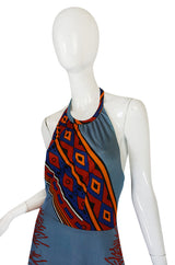 1970s Coral Printed Blue Jersey Halter Maxi Dress