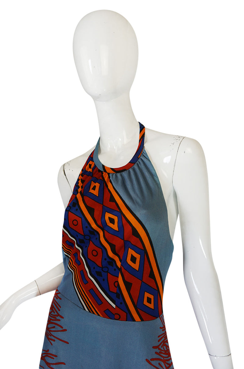 1970s Coral Printed Blue Jersey Halter Maxi Dress