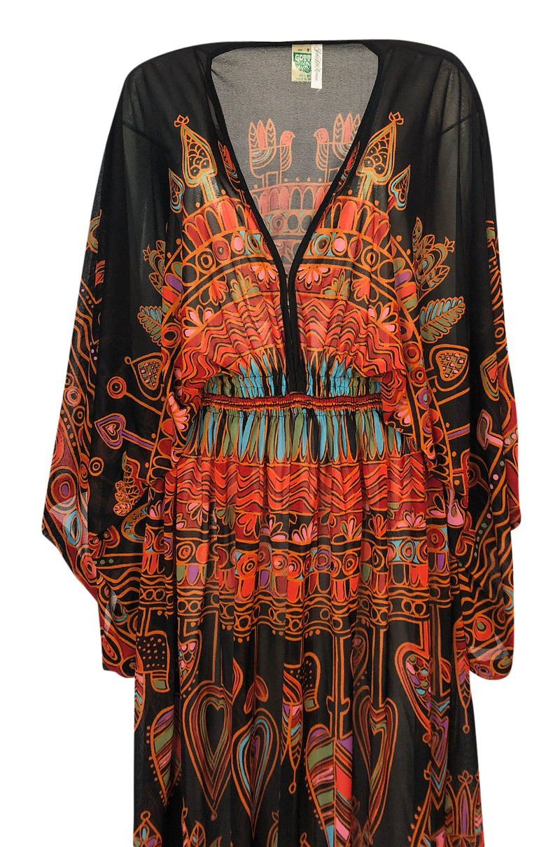 Incredible 1970s Gottex Plunging Light Print Nylon Caftan Dress