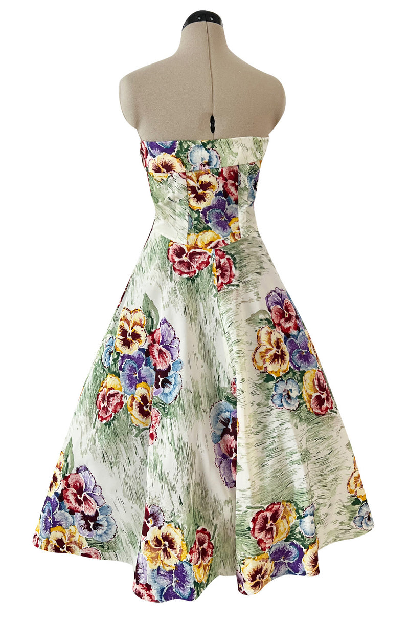 Sweetest 1950s Party Lines by Emma Domb Pansy Print Strapless Dress w Full Skirt