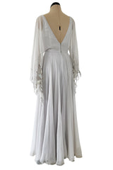 Magical 1970s Jean Varon Palest Silver Grey Chiffon Dress w Amgel Sleeves & Sequins