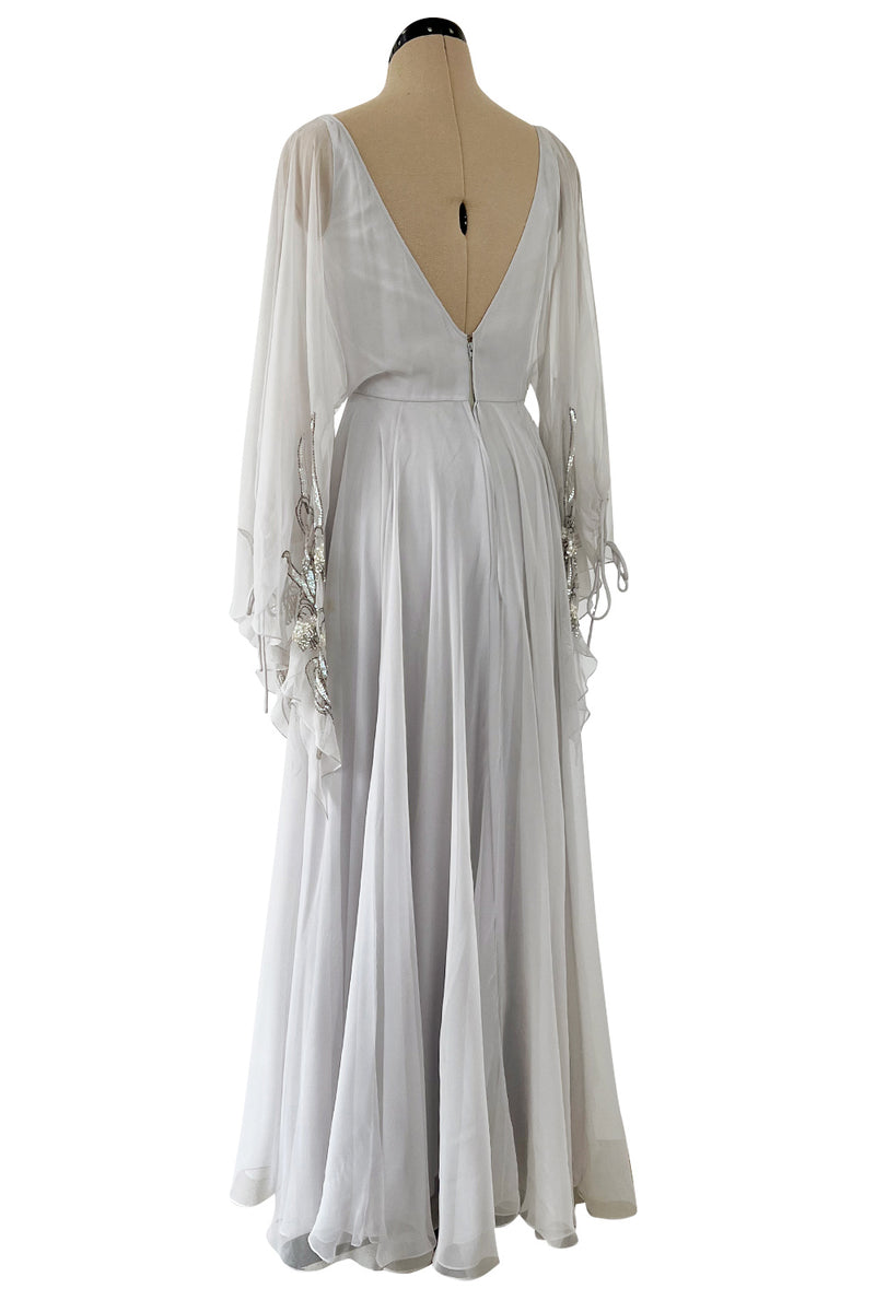 Magical 1970s Jean Varon Palest Silver Grey Chiffon Dress w Amgel Sleeves & Sequins