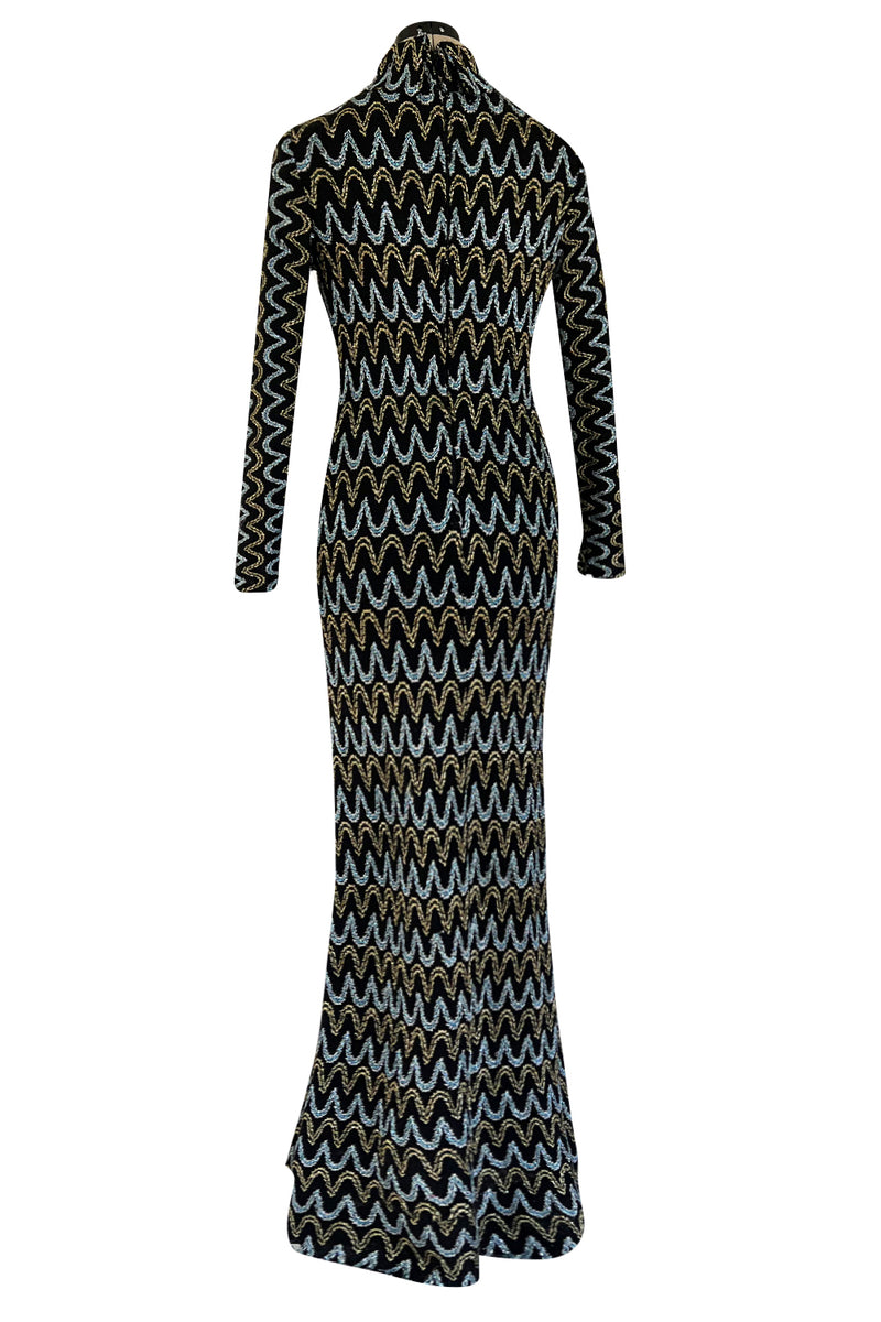 Incredible 1970s Loris Azzaro Metallic Silver & Gold Black On Black Knit Dress