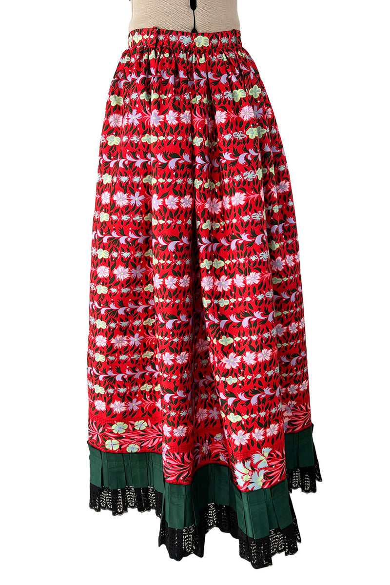 Early 1970s Lanvin by Jules-Francois Crahay Demi-Couture Printed Red Silk Skirt w Green & Lace Edging