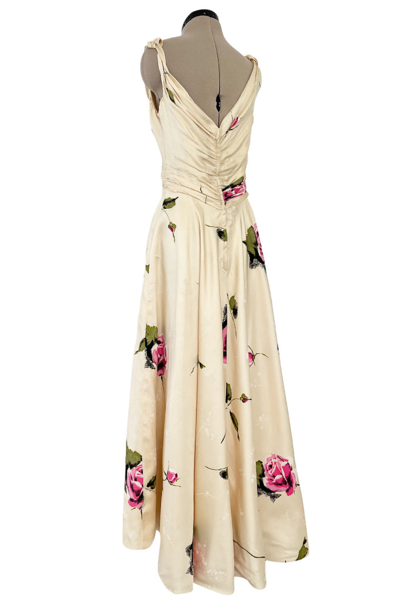 Gorgeous 1940s Unlabeled Ivory Silk Twill Dress w Painted & Appliqued Rose Print