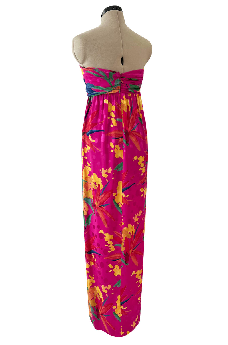 1980s Oscar de la Renta Vivid Pink Silk Wrap Strapless Dress w A Bright Floral Print