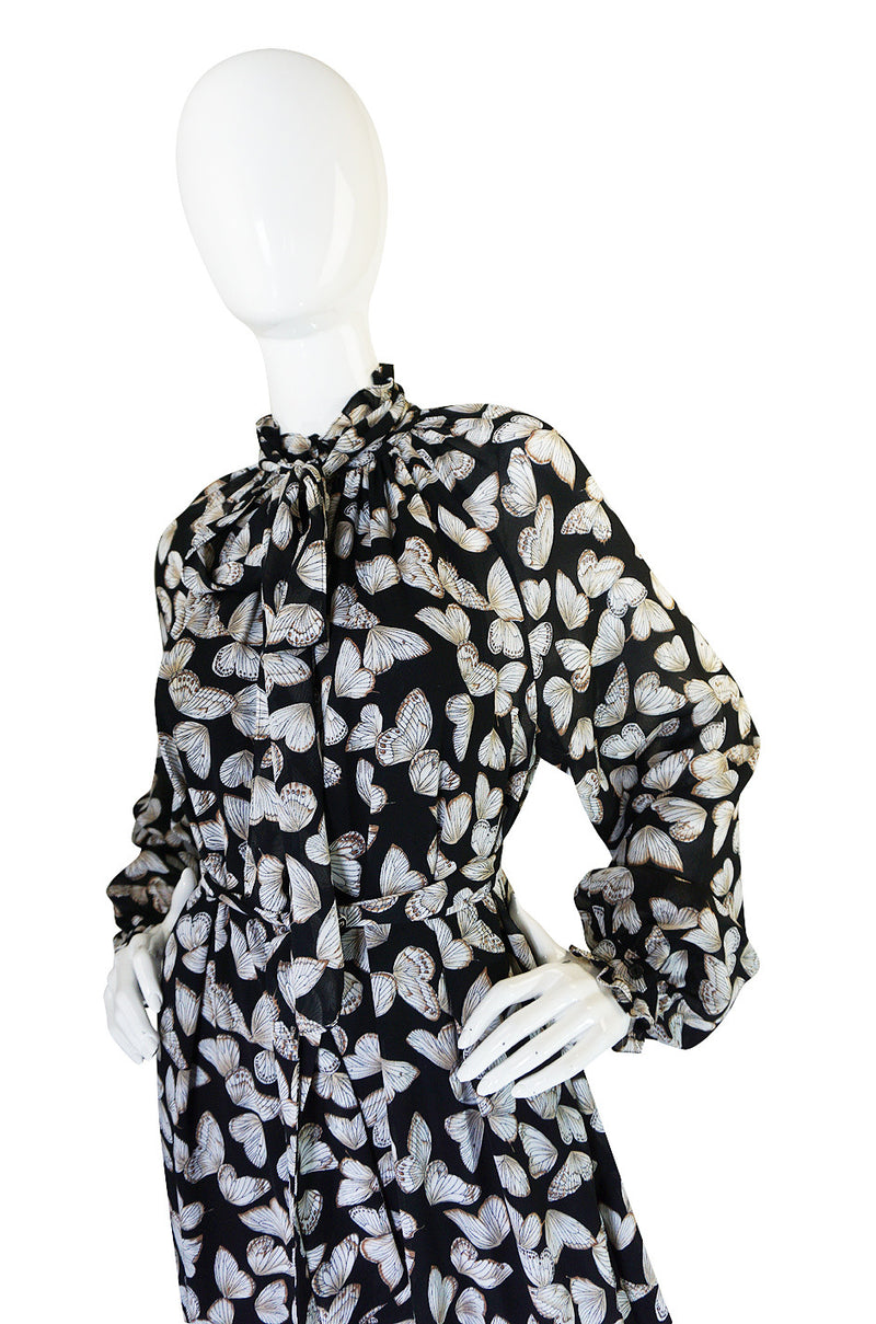 1970s Silk Butterfly Print Hanae Mori Caftan Dress