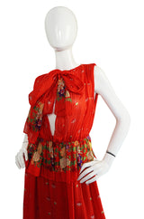 1970s Alberto Fabiani Open Slit Coral Silk Print Dress