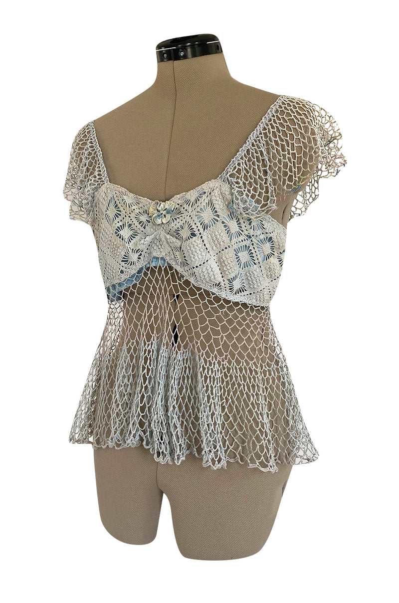 1960s Handmade Crocheted Crop Top in Blue & Pale Pink w Ruffled Cap Sleeve and Body