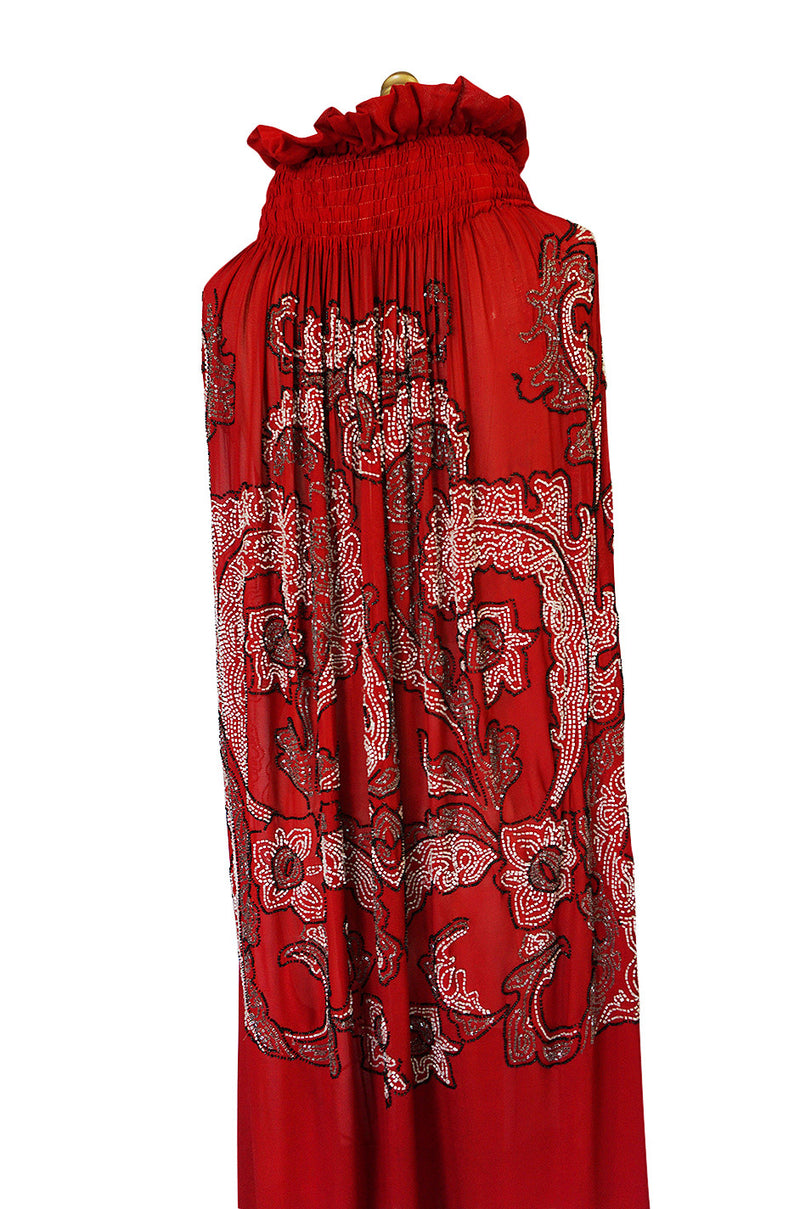 1920s House of Adair Densely Beaded Red Silk Cape