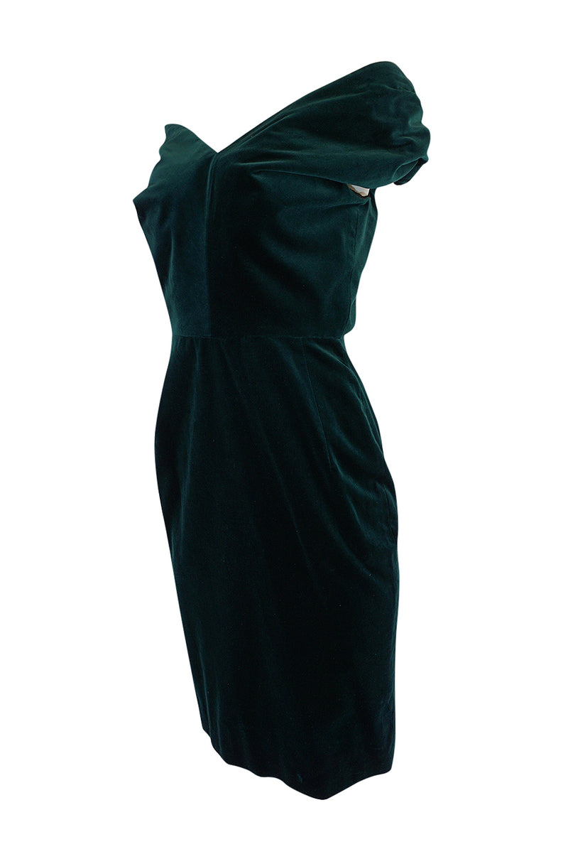 A/W 1989 Antony Price Bottle Green Velvet Dress w Removeable Bows