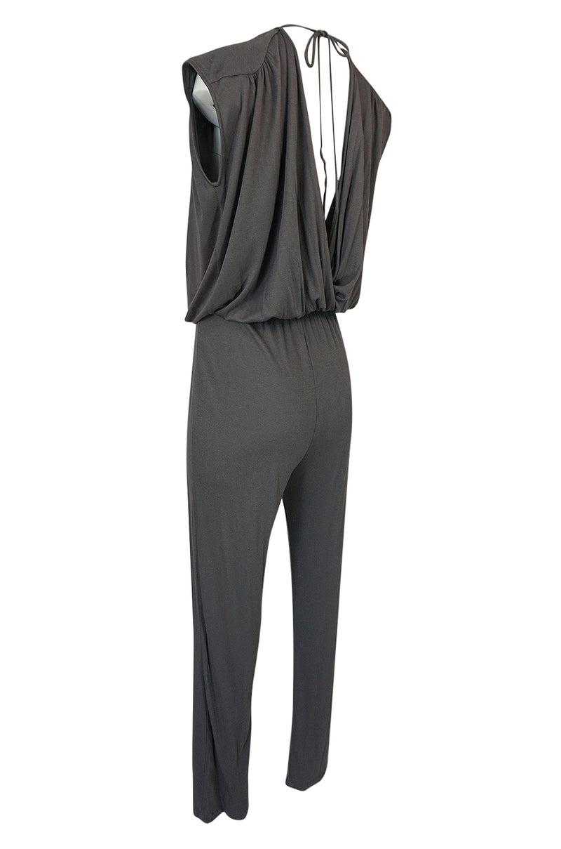 S/S 2009 Halston Grey Jersey Plunge Front and Back Jumpsuit