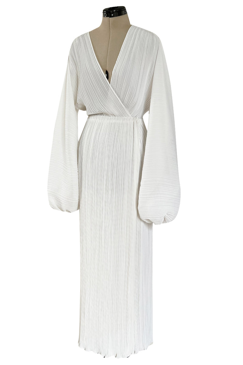 Incredible Spring 1978 Halston Plunged & Pleated White Wrap Silk Chiffon Runway Dress
