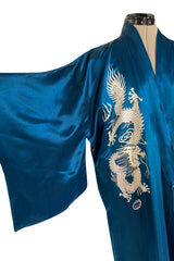 Decadant 1920s Unlabeled Deep Blue Silk Kimono w Hand Embroidered Dragons