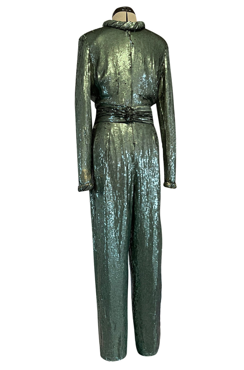 Amazing 1979 John Anthony Couture Sea Green Jumpsuit Completely Covered in Sequins
